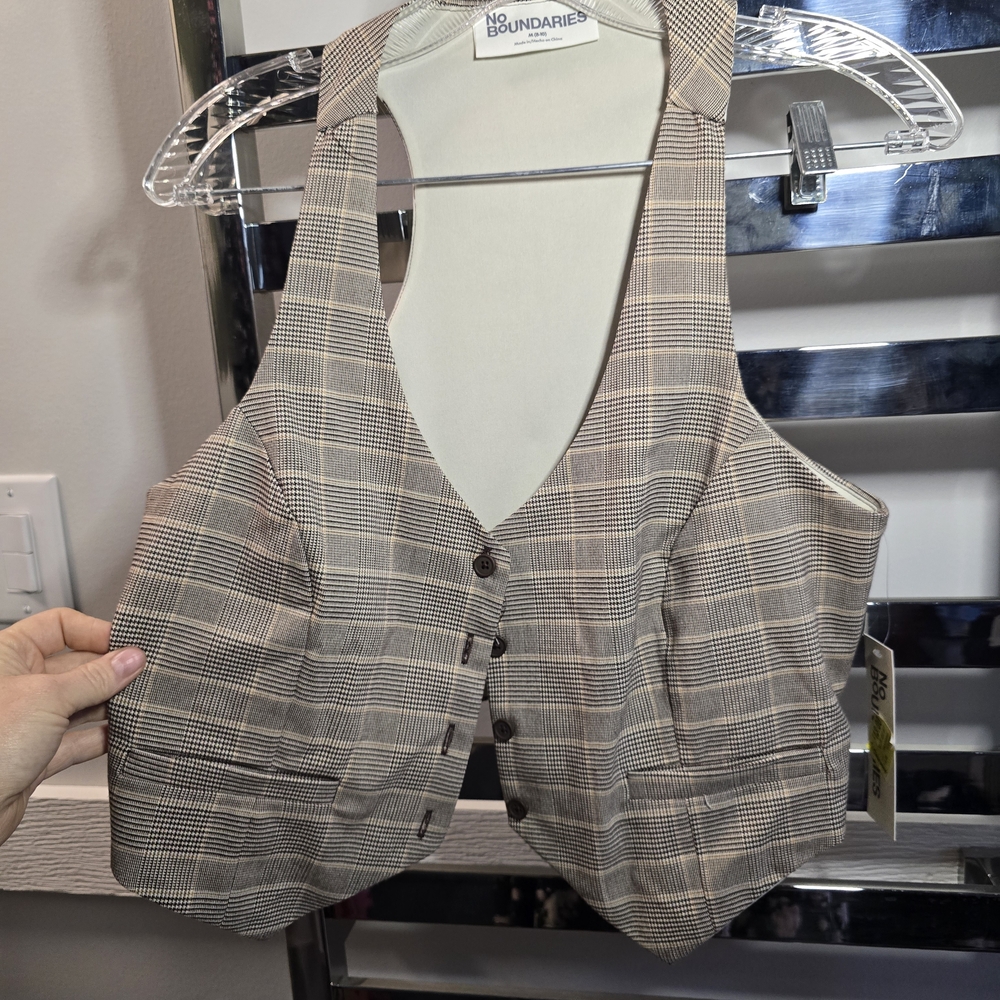 No Boundaries Beige Plaid Vest